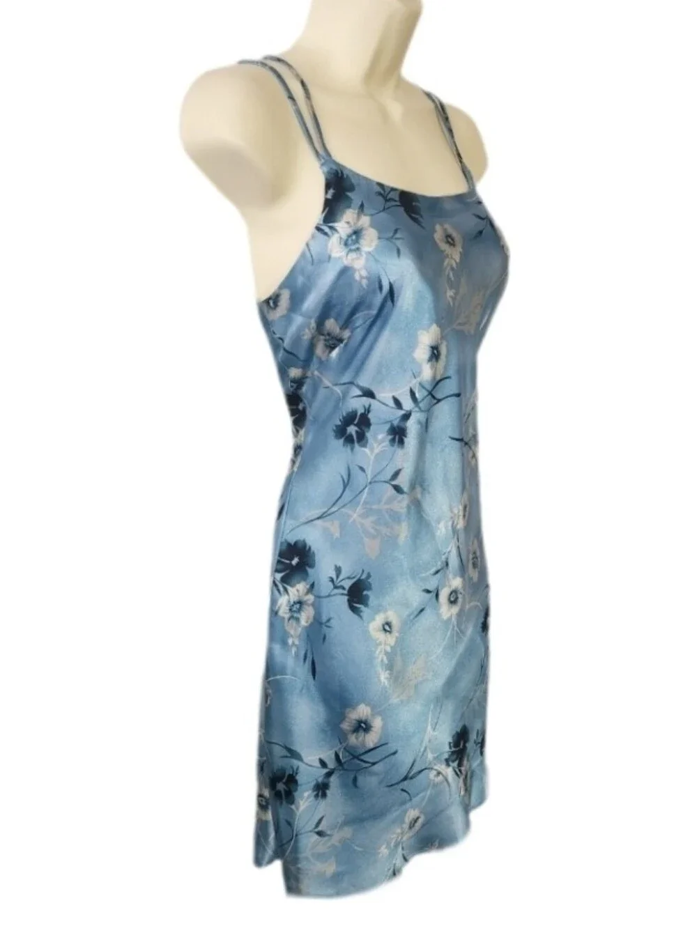 Slip Dress Corset Back Floral Satin with Lace-Up Back Blue Size S - Picture 3 of 7